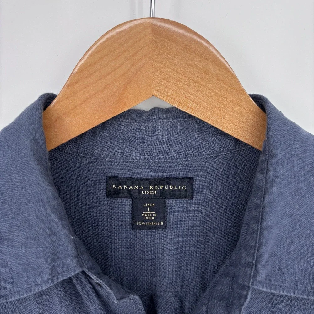 Banana Republic 100% Linen Button Down Shirt Mens Large Blue Long Sleeve Summer
